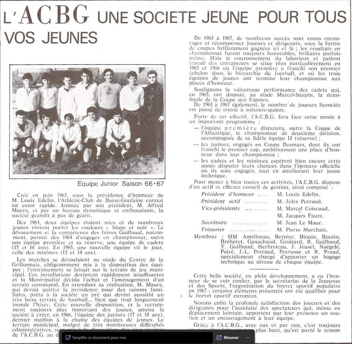 Coupure de presse et photo de l'équipe Junior de l'ACBG, saison 1966-1967