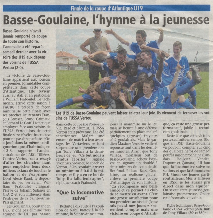 Coupure de presse : les U19 de l'ACBG vainqueurs de la Coupe de l'Atlantique 2010 contre l'USSA Vertou